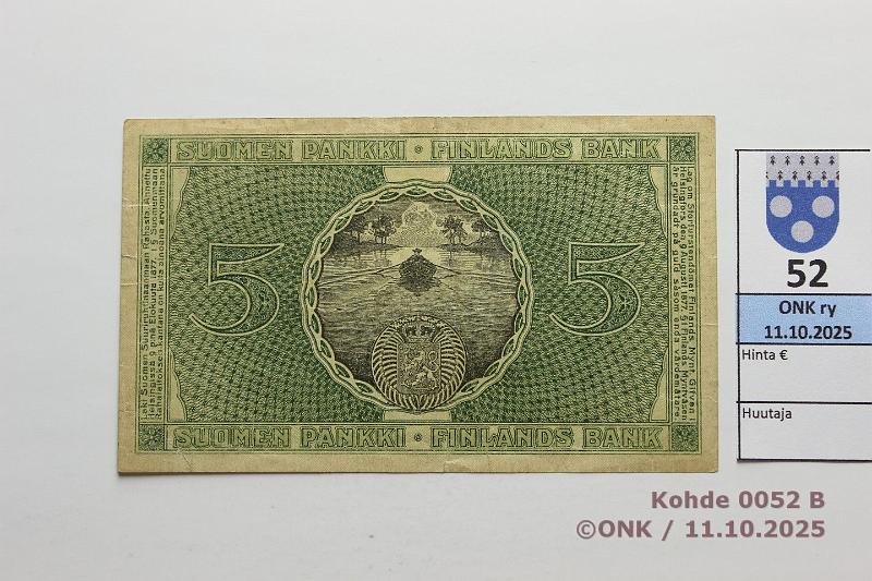 k-0052-b.jpg - Kohde 52 (kuva 2/2), l�ht�hinta: 15 &euro; / myyntihinta: 15 &euro; 5 mk 1918 SNY 131 11350347 BA II-His, 8mm rep, kunto: 5