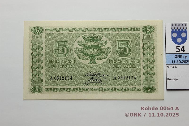 k-0054-a.jpg - Kohde 54 (kuva 1/2), l�ht�hinta: 90 &euro; / ei tarjouksia 5 mk 1922 SNY 132.1 A0812154 STE-M�l, kunto: 9