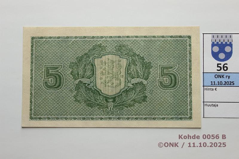 k-0056-b.jpg - Kohde 56 (kuva 2/2), l�ht�hinta: 130 &euro; / ei tarjouksia 5 mk 1922 LB SNY 132.3 C0313881 KAL-Wah, kunto: 9