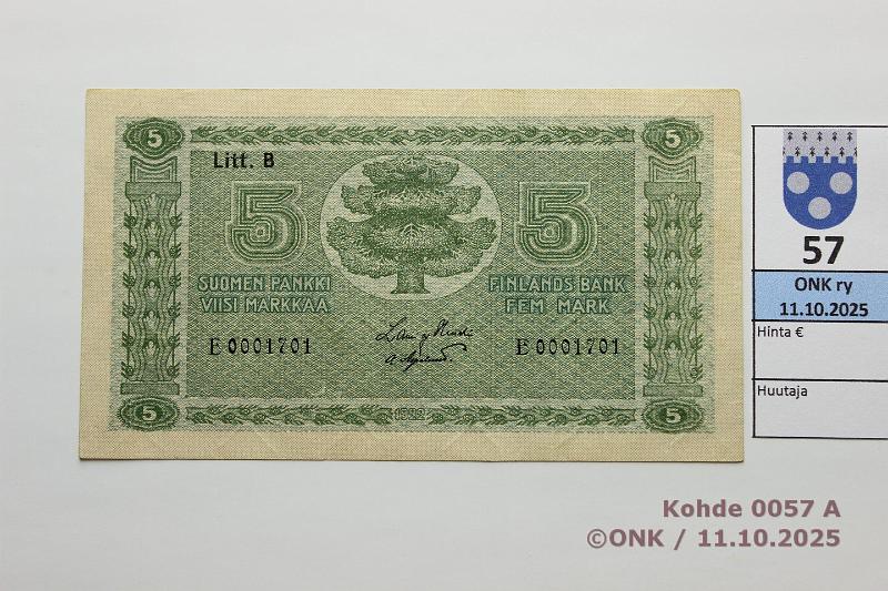 k-0057-a.jpg - Kohde 57 (kuva 1/2), l�ht�hinta: 130 &euro; / myyntihinta: 130 &euro; 5 mk 1922 LB SNY 132.3 E0001701 HEU-OAs, painaumia, kunto: 9