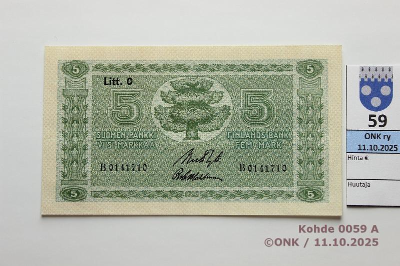 k-0059-a.jpg - Kohde 59, l�ht�hinta: 45 &euro; / myyntihinta: 58 &euro; 5 mk 1922 LC SNY 132.4 B0141710 RYT-Wah, kunto: 9