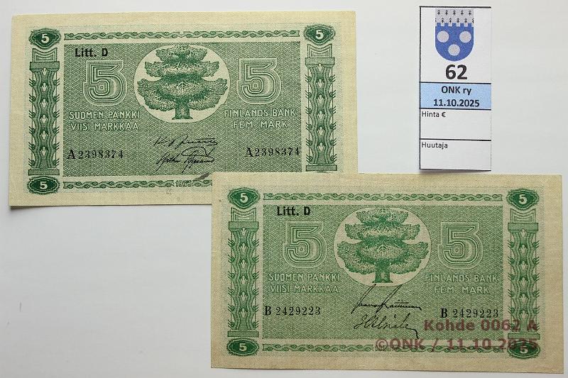 k-0062-a.jpg - Kohde 62, l�ht�hinta: 5 &euro; / myyntihinta: 12 &euro; 5 mk 1939 LD (2) SNY 133.2 A
JUT-AAs, B
RAI-Als, vl2, kunto: 6, 5