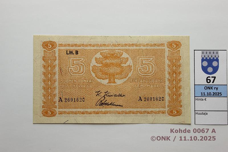 k-0067-a.jpg - Kohde 67, l�ht�hinta: 10 &euro; / myyntihinta: 11 &euro; 5 mk 1945 LB SNY 134.2 A2691620 KIV-Wah, kunto: 7