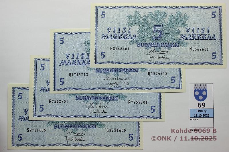 k-0069-b.jpg - Kohde 69 (kuva 2/2), l�ht�hinta: 50 &euro; / myyntihinta: 50 &euro; 5 mk 1963 (8) SNY 135.1.1 K
SIM-He�, M
SIM-Vou, Q
HET-T�r, R
VAL-Ara, S
SIM-Vou, U
KO I-Vou, Y
SIM-He�, �
SIM-Luu, kunto: 7-9