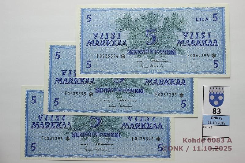 k-0083-a.jpg - Kohde 83, l�ht�hinta: 100 &euro; / ei tarjouksia 5 mk 1963 LA F* (3) SNY 135.4.4 F0235394 -96* AL I-Hes, 3 per�k. korvaavaa, kunto: 9