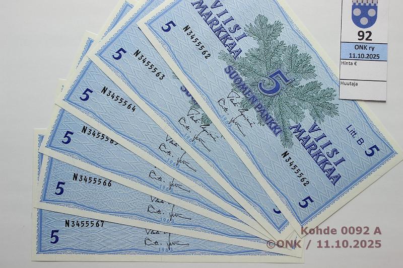 k-0092-a.jpg - Kohde 92, l�ht�hinta: 15 &euro; / myyntihinta: 17 &euro; 5 mk 1963 LB (6) SNY 135.5.1 N3455562-67 UUS-Leh, 6 per�k., kunto: 9