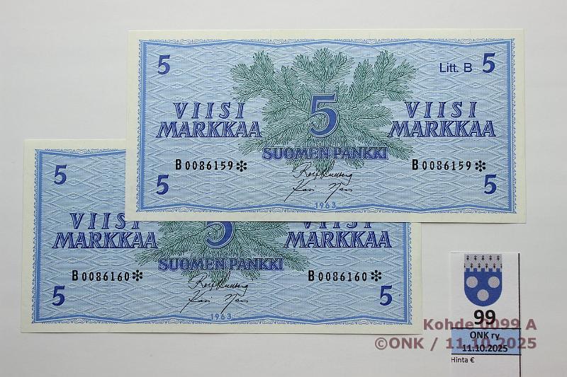 k-0099-a.jpg - Kohde 99, l�ht�hinta: 20 &euro; / myyntihinta: 22 &euro; 5 mk 1963 LB B* (2) SNY 135.6.2 B0086159-60* KU I-Nar, 2 per�k. korvaavaa, kunto: 9
