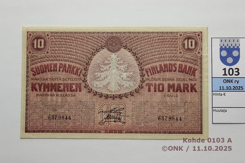 k-0103-a.jpg - Kohde 103 (kuva 1/2), l�ht�hinta: 180 &euro; / ei tarjouksia 10 mk 1918 SNY 142 6379844 BRG-M�l, voimakkaan punainen, keve�t taitteet, kunto: 7