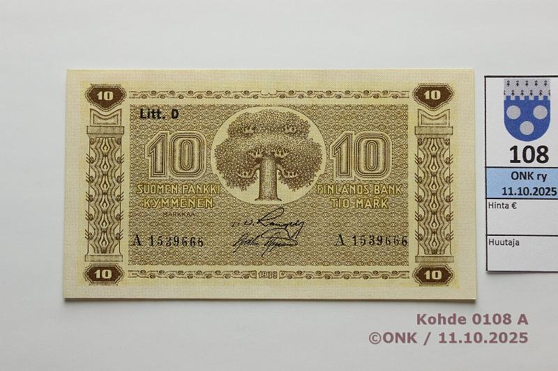 k-0108-a.jpg - Kohde 108, l�ht�hinta: 100 &euro; / ei tarjouksia 10 mk 1939 LD SNY 144.1.1 A1539666 RAN-AAs, kk1, vl1, kunto: 9