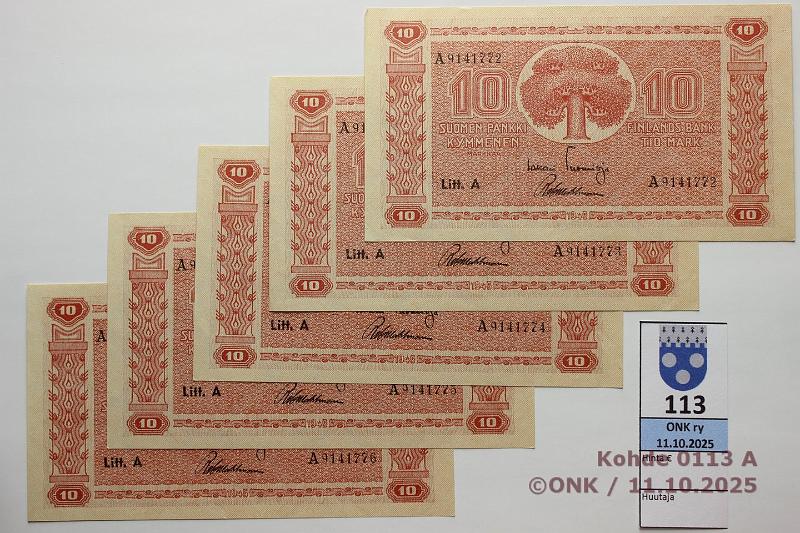 k-0113-a.jpg - Kohde 113, l�ht�hinta: 75 &euro; / ei tarjouksia 10 mk 1945 LA (5) SNY 145.1.1 A9141772-76 TUO-Wah, 5 per�k., ep painaumia, kunto: 9