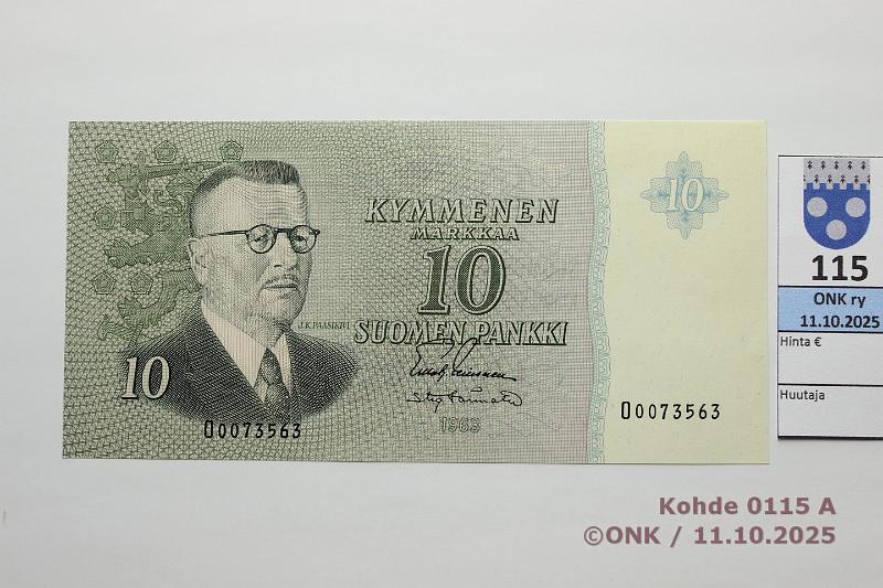 k-0115-a.jpg - Kohde 115 (kuva 1/2), l�ht�hinta: 60 &euro; / myyntihinta: 66 &euro; 10 mk 1963 SNY 146.1.1 O0073563 LEI-T�r, vl1, kunto: 9