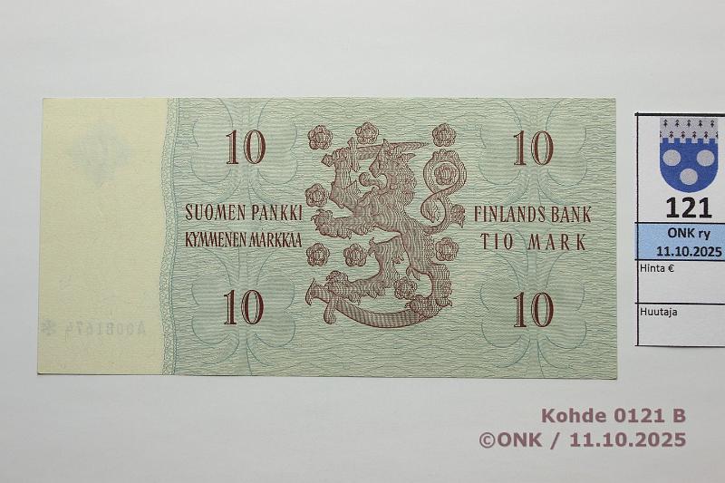 k-0121-b.jpg - Kohde 121 (kuva 2/2), l�ht�hinta: 400 &euro; / myyntihinta: 400 &euro; 10 mk 1963 A* SNY 146.2.1.2 A0081674* WAR-Eng, vl2, korvaava, ex-SNY, kunto: 9