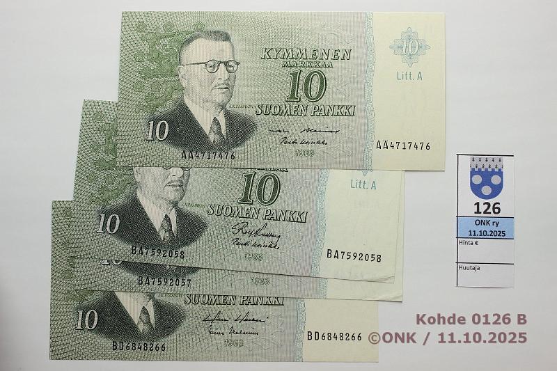 k-0126-b.jpg - Kohde 126 (kuva 2/2), l�ht�hinta: 45 &euro; / ei tarjouksia 10 mk 1963 LA (9) SNY 146.3.1 AA
KA I-Luu, AH
KA I-Hes(2), AT
KA I-Lin, A�
KU I-Lin, A�
AL I-Ko1, BA
KU I-Ko1(2), BD
HOL-Hes, kunto: 7-9