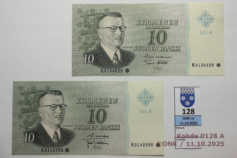 k-0128-a.jpg - Kohde 128, l�ht�hinta: 30 &euro; / myyntihinta: 30 &euro; 10 mk 1963 LA K* (2) SNY 146.4.2 SIM-Vou, HET-He�, matta, korvaavia, kunto: 7