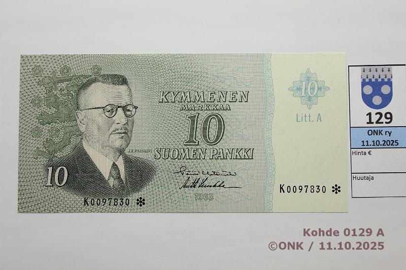 k-0129-a.jpg - Kohde 129, l�ht�hinta: 35 &euro; / myyntihinta: 35 &euro; 10 mk 1963 LA K* SNY 146.4.2 K0097830* HET-Luu, korvaava, kunto: 9