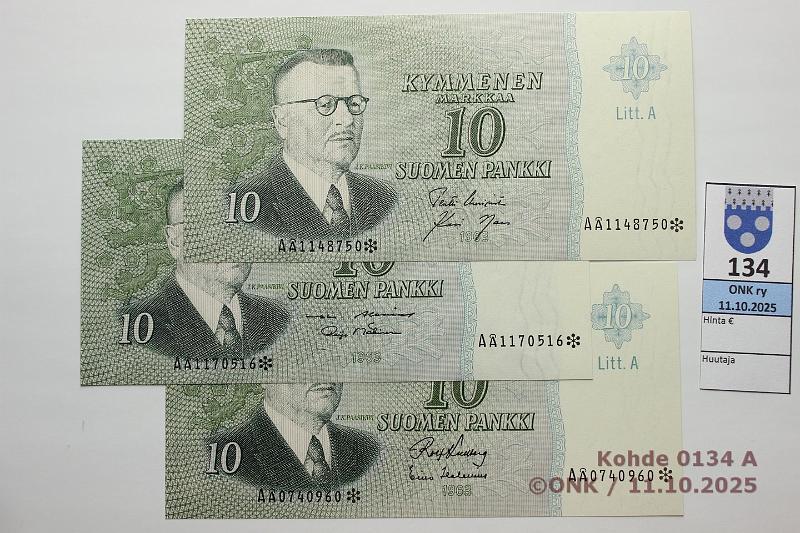 k-0134-a.jpg - Kohde 134, l�ht�hinta: 22 &euro; / myyntihinta: 22 &euro; 10 mk 1963 LA A�* (3) SNY 146.4.8 UUS-Nar, KU I-Hes, AL I-M�1, korvaavia, kunto: 9