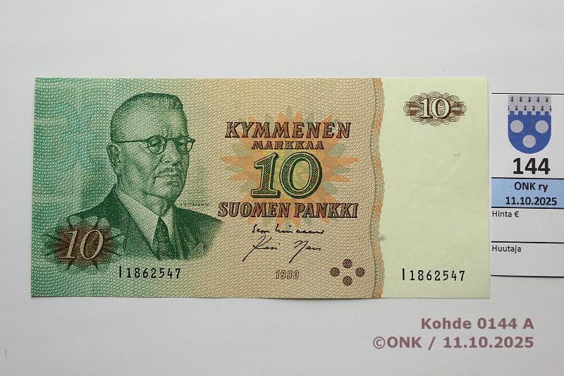 k-0144-a.jpg - Kohde 144, l�ht�hinta: 65 &euro; / myyntihinta: 76 &euro; 10 mk 1980 I-sarja SNY 147.2.6 I1862547 LIN-Nar, korvaava, matta, ptahra, kunto: 8