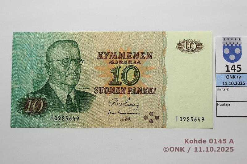 k-0145-a.jpg - Kohde 145, l�ht�hinta: 100 &euro; / myyntihinta: 100 &euro; 10 mk 1980 I-sarja SNY 147.2.6 I0925649 KU I-Lin, korvaava, painuma, kunto: 9