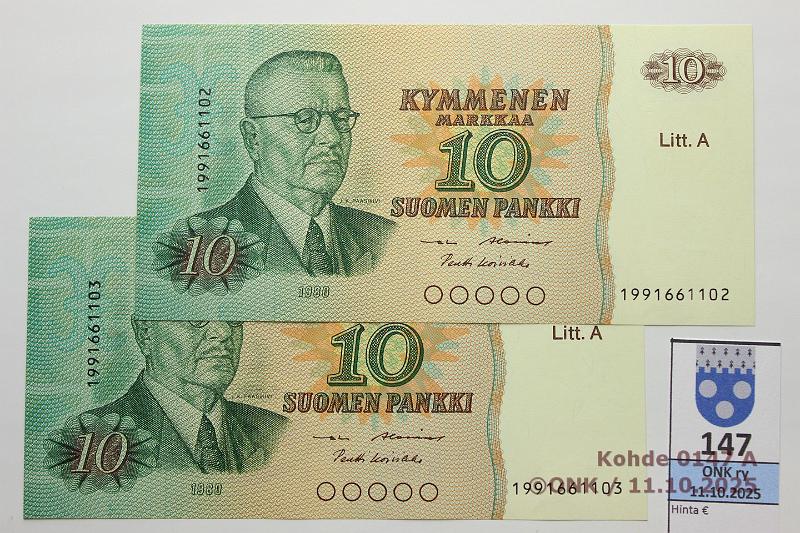 k-0147-a.jpg - Kohde 147, l�ht�hinta: 30 &euro; / myyntihinta: 30 &euro; 10 mk 1980 LA 199-sarja (2) SNY 147.4.1 1991661102-03 AL I-Ko1, 2 per�k. korvaavaa, kunto: 9