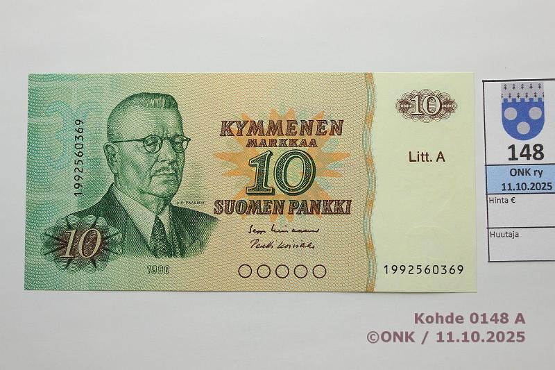 k-0148-a.jpg - Kohde 148, l�ht�hinta: 30 &euro; / myyntihinta: 30 &euro; 10 mk 1980 LA 199-sarja SNY 147.4.2 1992560396 LIN-Ko1, korvaava, painaumia, kunto: 9