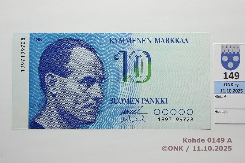 k-0149-a.jpg - Kohde 149, l�ht�hinta: 8 &euro; / myyntihinta: 9 &euro; 10 mk 1986 199-sarja SNY 148.2.7 1997199728 OL II-Va2, korvaava, kunto: 9