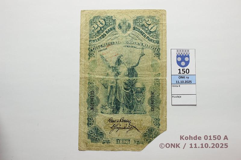 k-0150-a.jpg - Kohde 150 (kuva 1/2), l�ht�hinta: 20 &euro; / ei tarjouksia 20 mk 1898 SNY 154.2 3196732 COL-J�g, prep�, reiki�, kulmapuutos, kunto: 3