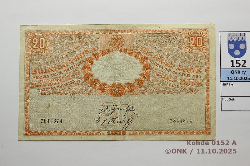 k-0152-a.jpg - Kohde 152 (kuva 1/2), l�ht�hinta: 40 &euro; / myyntihinta: 40 &euro; 20 mk 1909 SNY 156.1 7844674 J�R-The, kunto: 4