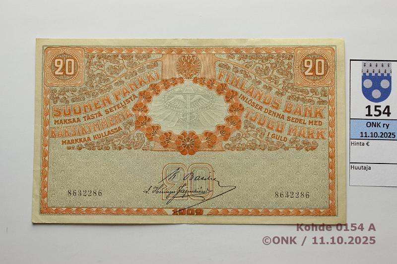 k-0154-a.jpg - Kohde 154 (kuva 1/2), l�ht�hinta: 80 &euro; / ei tarjouksia 20 mk 1909 SNY 156.1 8632286 BA I-His, kunto: 5