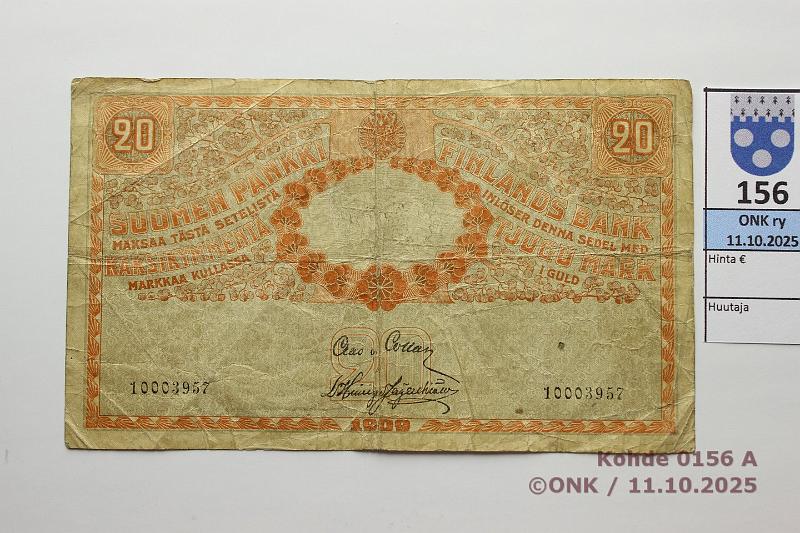 k-0156-a.jpg - Kohde 156 (kuva 1/2), l�ht�hinta: 30 &euro; / myyntihinta: 30 &euro; 20 mk 1909 KV SNY 156.4.1 10003957 COL-His, 8 n:oa (painos 19000), niitinrei�t, kunto: 3