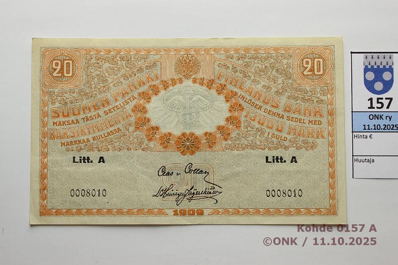 k-0157-a.jpg - Kohde 157 (kuva 1/2), l�ht�hinta: 3500 &euro; / ei tarjouksia 20 mk 1909 LA SNY 156.5 0008010 COL-His, harvinainen, kunto: 7