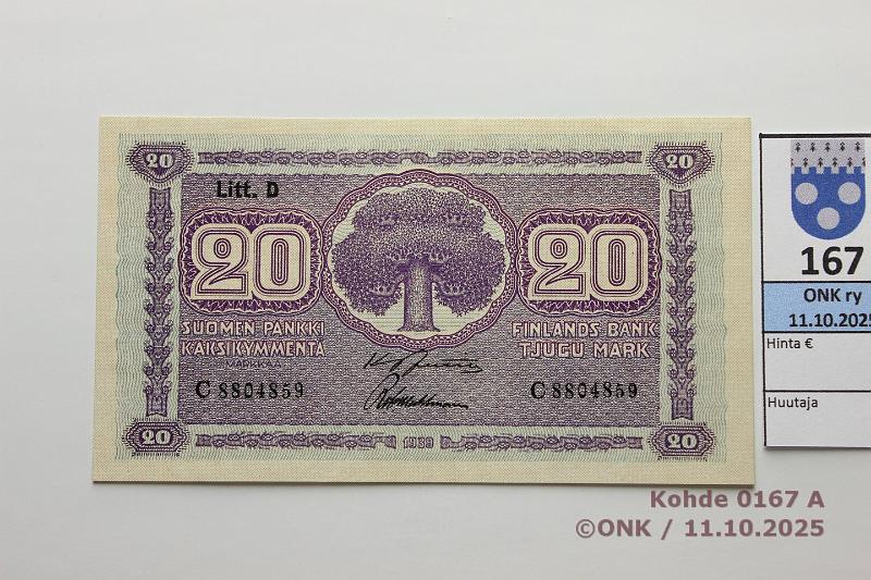 k-0167-a.jpg - Kohde 167 (kuva 1/2), l�ht�hinta: 25 &euro; / myyntihinta: 36 &euro; 20 mk 1939 LD SNY 159.1 C8804859 JUT-Wah, vl1, kunto: 9