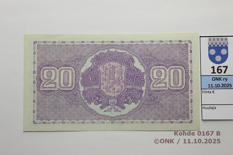 k-0167-b.jpg - Kohde 167 (kuva 2/2), l�ht�hinta: 25 &euro; / myyntihinta: 36 &euro; 20 mk 1939 LD SNY 159.1 C8804859 JUT-Wah, vl1, kunto: 9