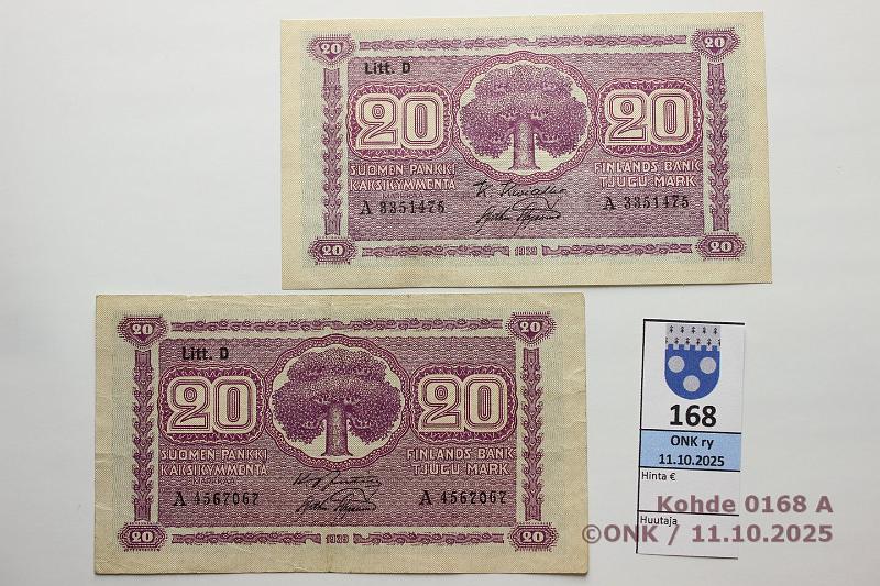 k-0168-a.jpg - Kohde 168, l�ht�hinta: 5 &euro; / myyntihinta: 13 &euro; 20 mk 1939 LD (2) SNY 159.2 A
JUT-AAs, KIV-AAs, vl2, kunto: 4, 5