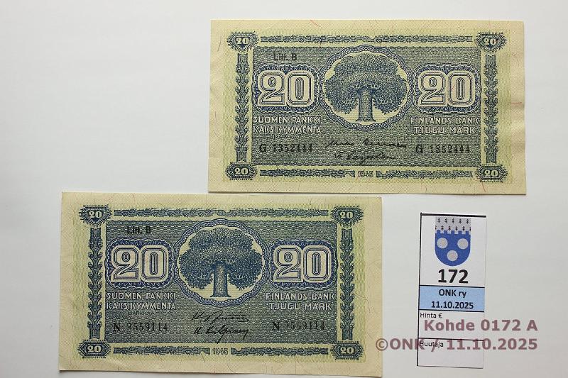 k-0172-a.jpg - Kohde 172 (kuva 1/2), l�ht�hinta: 6 &euro; / myyntihinta: 11 &euro; 20 mk 1945 LB (2) SNY 160.2.1 N
JUT-Kil, G
KEK-Car(lainetta), kunto: 5, 6