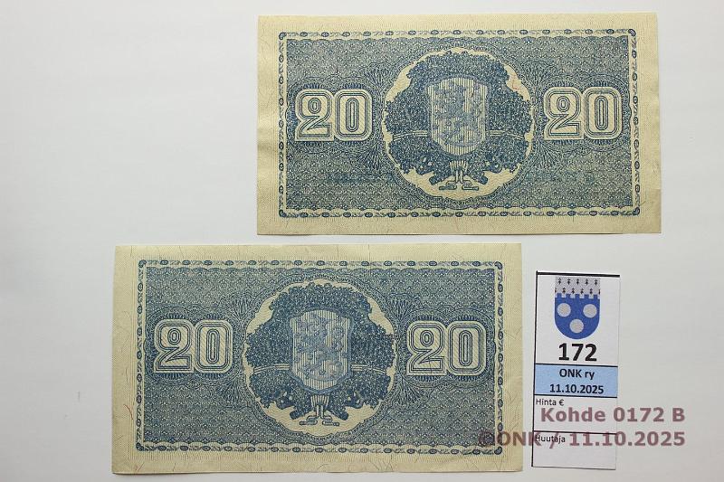 k-0172-b.jpg - Kohde 172 (kuva 2/2), l�ht�hinta: 6 &euro; / myyntihinta: 11 &euro; 20 mk 1945 LB (2) SNY 160.2.1 N
JUT-Kil, G
KEK-Car(lainetta), kunto: 5, 6