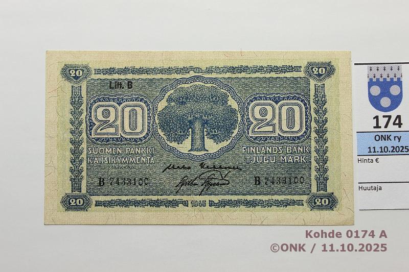 k-0174-a.jpg - Kohde 174 (kuva 1/2), l�ht�hinta: 18 &euro; / ei tarjouksia 20 mk 1945 LB SNY 160.2.1 B7433100 KEK-AAs, painuma, kunto: 9