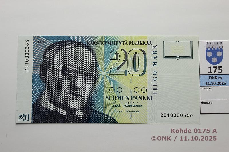 k-0175-a.jpg - Kohde 175, l�ht�hinta: 25 &euro; / myyntihinta: 38 &euro; 20 mk 1993 SNY 161.1 2010000366 H� II-Ko2, pienehk� sarjan:o, kunto: 9