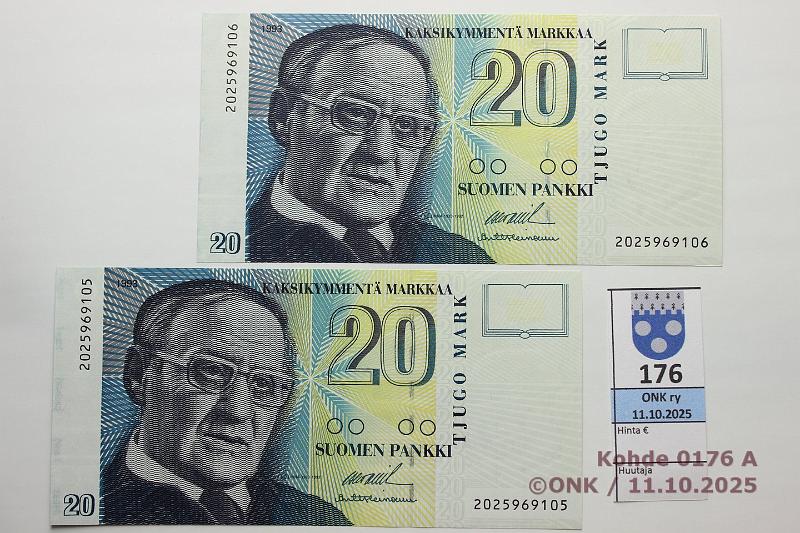 k-0176-a.jpg - Kohde 176, l�ht�hinta: 12 &euro; / myyntihinta: 13 &euro; 20 mk 1993 (2) SNY 161.1 2025969105-06 OL II-Hei, 2 per�k., kunto: 9