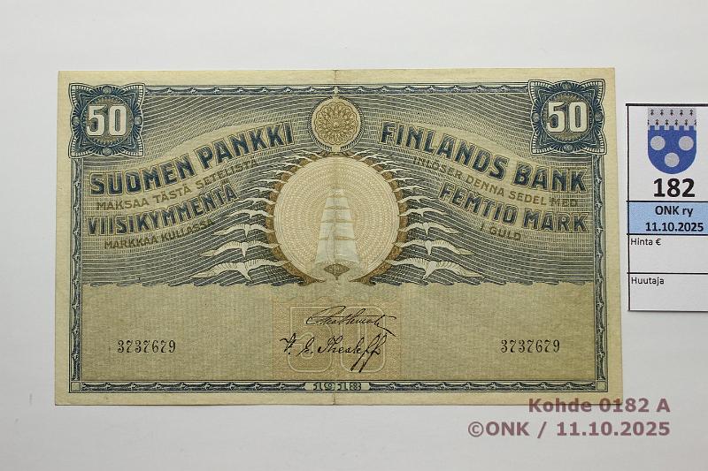 k-0182-a.jpg - Kohde 182 (kuva 1/2), l�ht�hinta: 1600 &euro; / ei tarjouksia 50 mk 1918 SNY 166.2 3737679 STE-The, ruskea kulma, kunto: 7