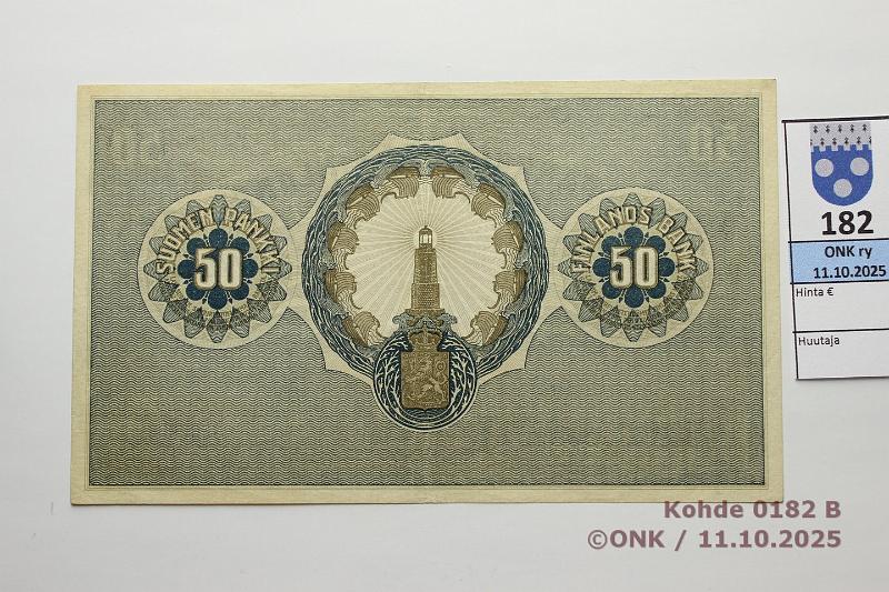 k-0182-b.jpg - Kohde 182 (kuva 2/2), l�ht�hinta: 1600 &euro; / ei tarjouksia 50 mk 1918 SNY 166.2 3737679 STE-The, ruskea kulma, kunto: 7