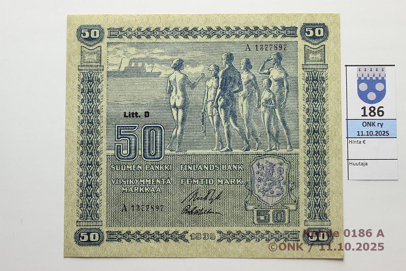 k-0186-a.jpg - Kohde 186 (kuva 1/2), l�ht�hinta: 40 &euro; / myyntihinta: 42 &euro; 50 mk 1939 LD SNY 168.2 A1377897 RYT-Wah, vl2, kunto: 5