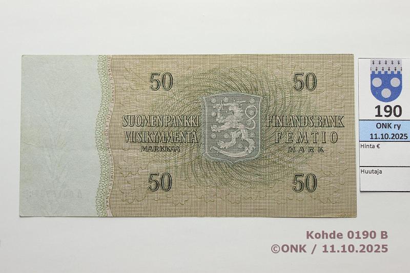 k-0190-b.jpg - Kohde 190 (kuva 2/2), l�ht�hinta: 3500 &euro; / ei tarjouksia 50 mk 1963 A* SNY 170.2.1 A0016387* LEI-AAs, korvaava, mattapinta, painumia. Eritt�in vaikea, tunnetaan vain 25 kpl, kunto: 7