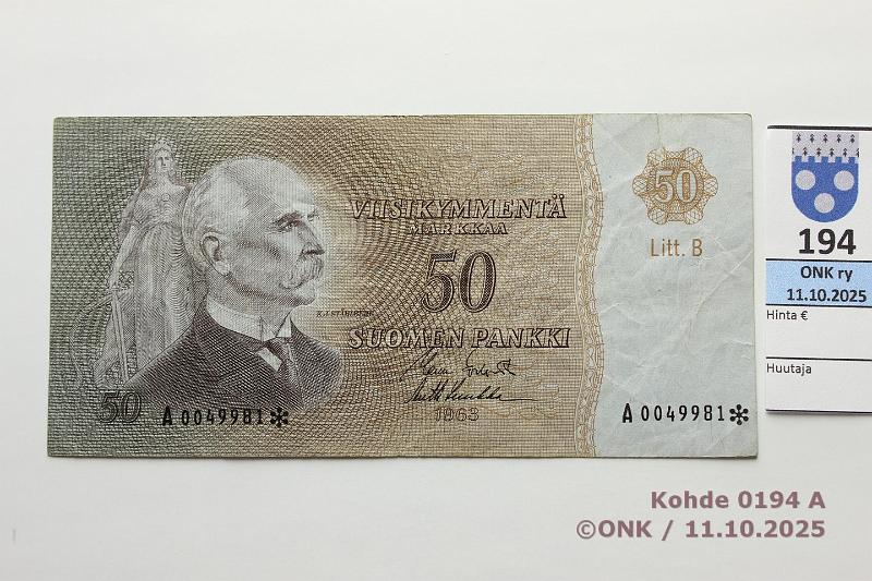 k-0194-a.jpg - Kohde 194, l�ht�hinta: 650 &euro; / ei tarjouksia 50 mk 1963 LB A* SNY 170.6.1 A0049981* KO I-Luu, vaikea korvaava, 10mm rep, kunto: 4
