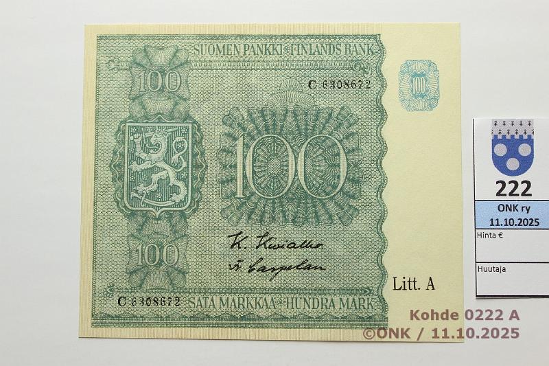 k-0222-a.jpg - Kohde 222 (kuva 1/2), l�ht�hinta: 50 &euro; / myyntihinta: 50 &euro; 100 mk 1945 LA SNY 180.1.1 C6308672 KIV-Car, kunto: 8