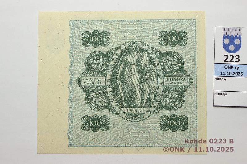 k-0223-b.jpg - Kohde 223 (kuva 2/2), l�ht�hinta: 20 &euro; / myyntihinta: 20 &euro; 100 mk 1945 LB SNY 180.2.1 E8364980 RAI-Als, kunto: 7
