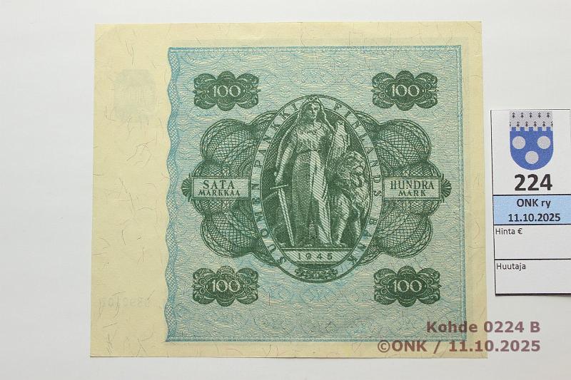 k-0224-b.jpg - Kohde 224 (kuva 2/2), l�ht�hinta: 1200 &euro; / ei tarjouksia 100 mk 1945 LB SNY 180.2.1 L9890107 KIV-Car, setelipaperin korjausmerkki, ex-SNY, kunto: 8