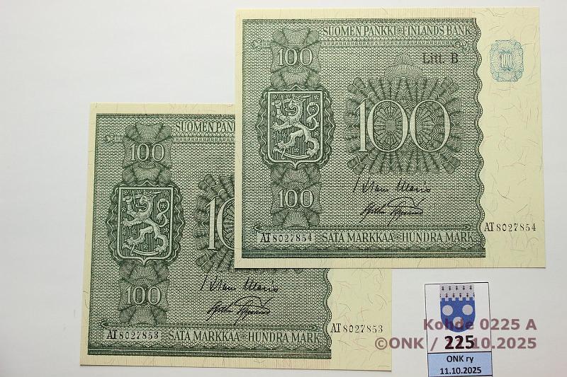 k-0225-a.jpg - Kohde 225, l�ht�hinta: 100 &euro; / ei tarjouksia 100 mk 1945 LB (2) SNY 180.2.1 AT8027853-54 WAR-AAs, 2 per�k., kunto: 10