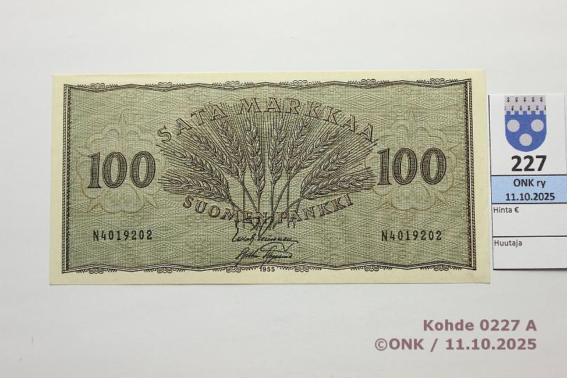 k-0227-a.jpg - Kohde 227 (kuva 1/2), l�ht�hinta: 15 &euro; / myyntihinta: 17 &euro; 100 mk 1955 SNY 181.1.1 N4019202 LEI-AAs, kunto: 8