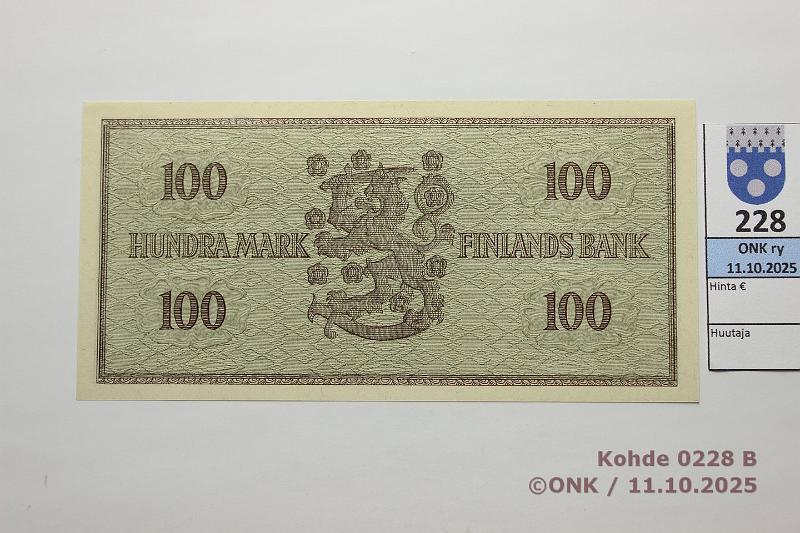 k-0228-b.jpg - Kohde 228 (kuva 2/2), l�ht�hinta: 30 &euro; / myyntihinta: 32 &euro; 100 mk 1955 SNY 181.1.1 J1631712 JUT-Sac, kunto: 10