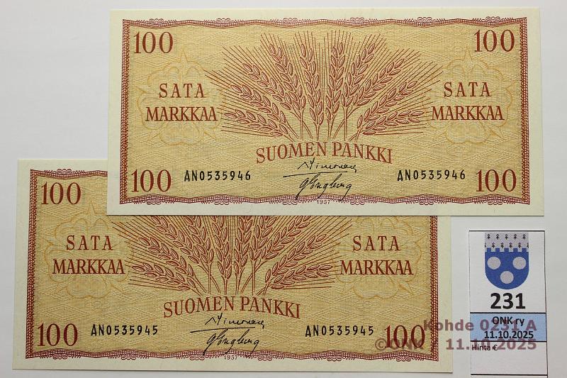 k-0231-a.jpg - Kohde 231, l�ht�hinta: 30 &euro; / myyntihinta: 34 &euro; 100 mk 1957 (2) SNY 182.1.1 AN0535945-46 SIM-Eng, 2 per�k., kunto: 10